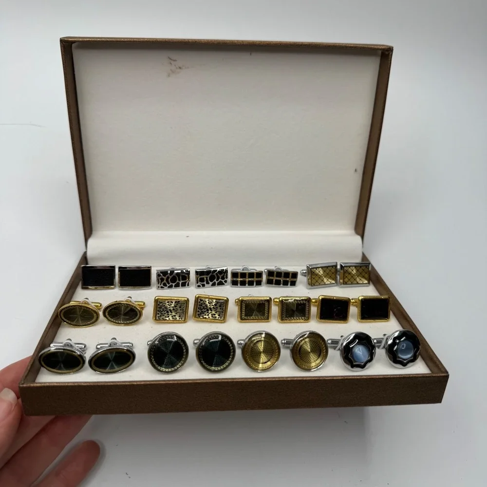 Vintage Mens Cufflinks Set 12 Pairs Geometric Animal Print Gold Silver Tone Box